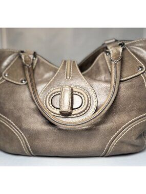 Vintage Prada Vitello Leather Plate Logo Turnlock Shoulder Tote - Taupe